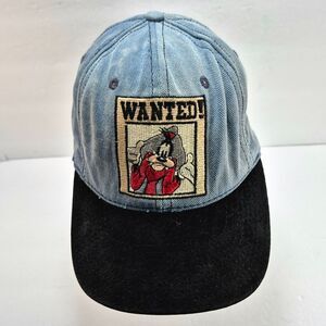 Vintage 90s Disney Goofy "Wanted" Ball Cap Hat Snapback OS Denim Blue